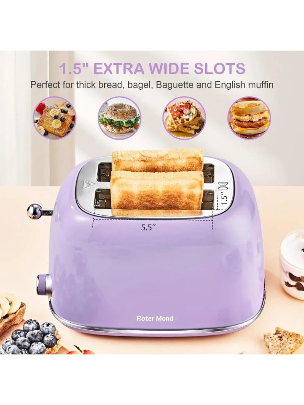 2 Slice Purple Retro Stainless Steel with Bagel Defrost Functions Toaster
